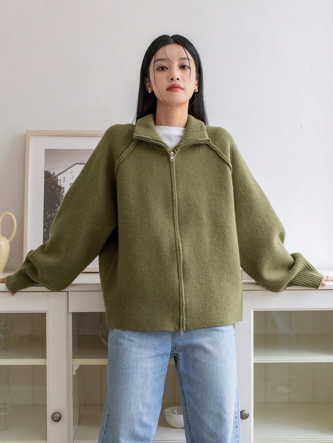 Winter Korean Stand Collar Zipper Knitted Cardigan Top