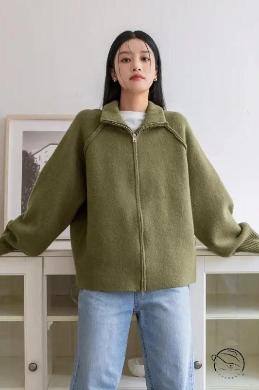 Winter Korean Stand Collar Zipper Knitted Cardigan Top