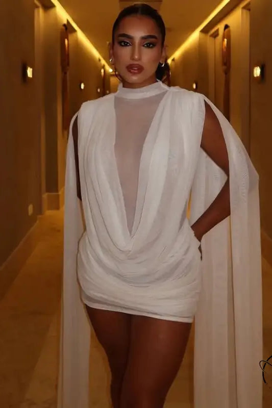 Elegant white mesh ribbon hip wrapped langry fashion dress with cutout design