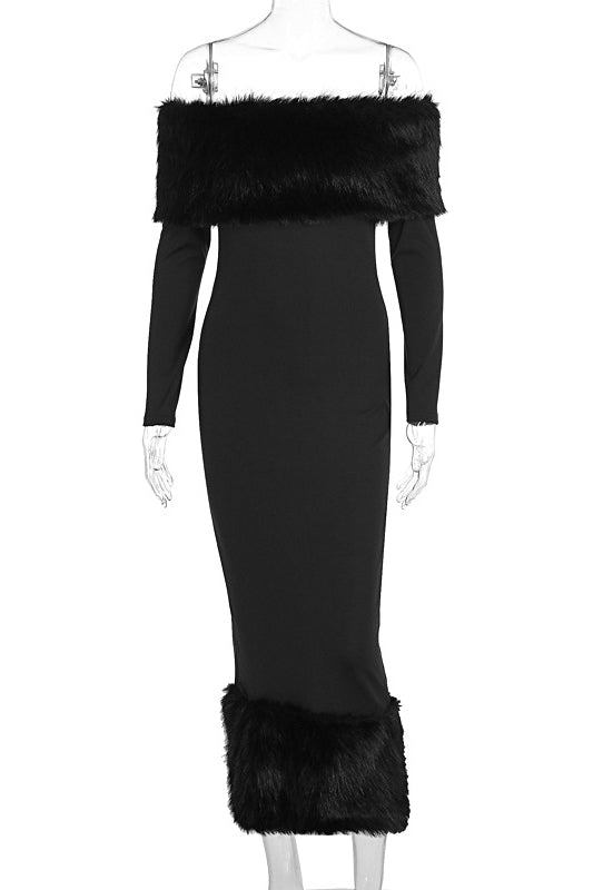 Elegant langry black off-shoulder fashion dress with fur trim