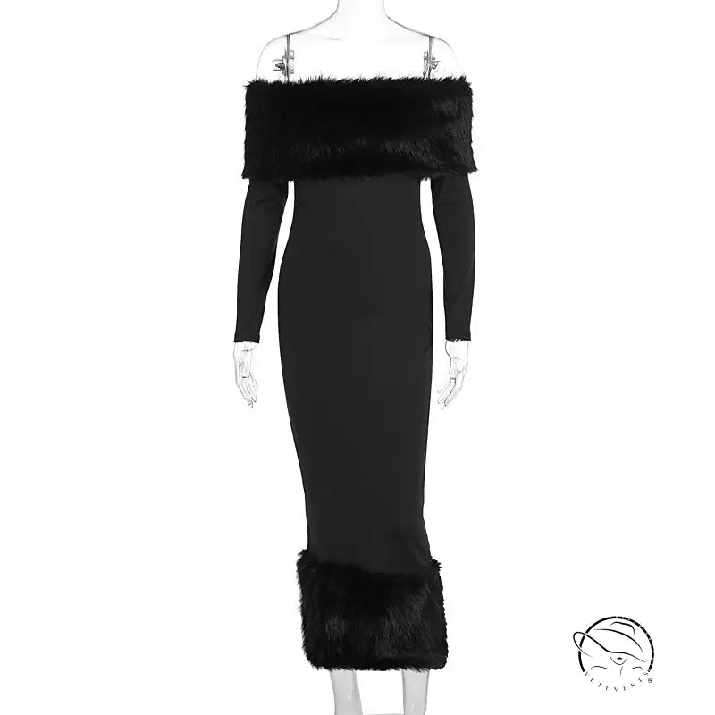 Enchanting fur slim fit black off-shoulder evening dress with fur trim