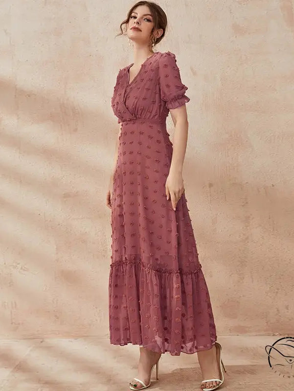Flowing mauve short sleeve Langry fashion midi dress with v-neck and ruffles