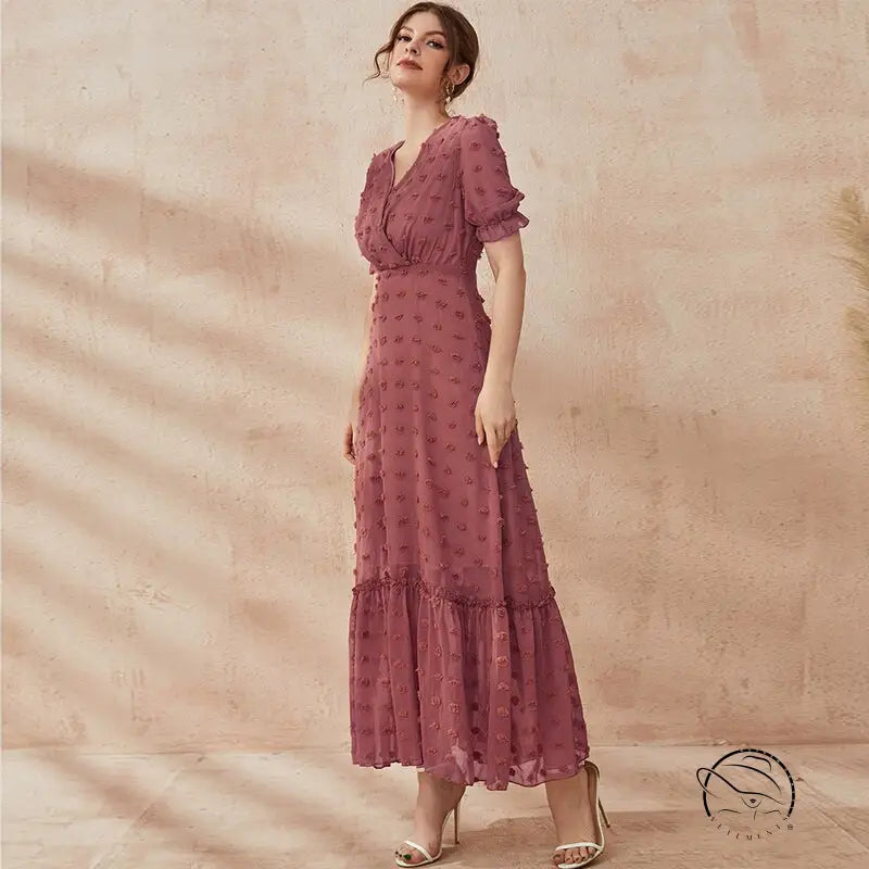 Flowing mauve short sleeve Langry fashion midi dress with v-neck and ruffles