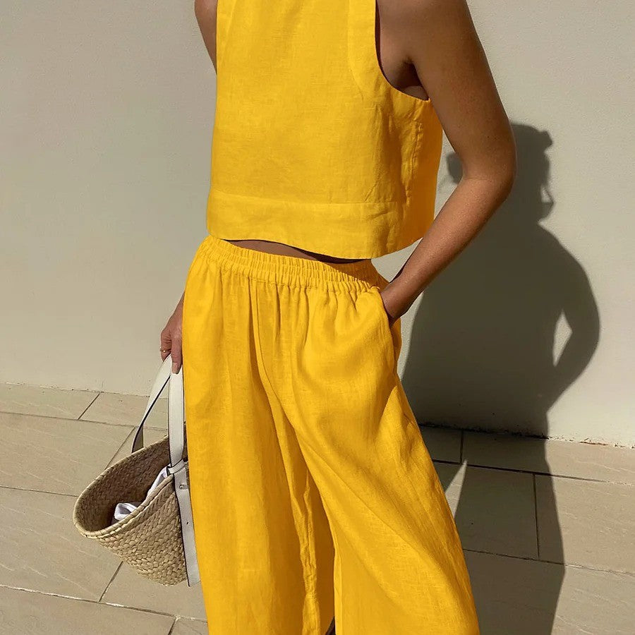 Yellow linen two-piece outfit in Casual Loose Sleeveless Shirt Two Piece Sets fashion ملابس