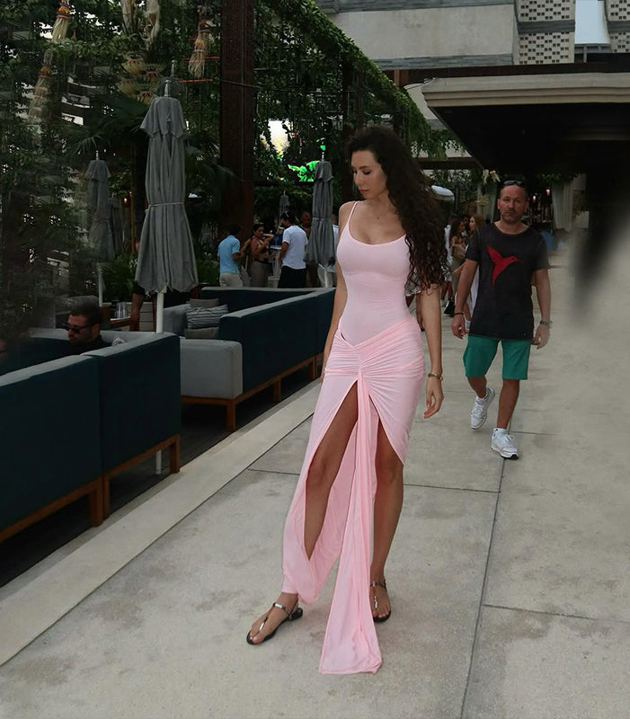 Gorgeous Langry high slit sheath maxi dress in flowing light pink satin with draped front