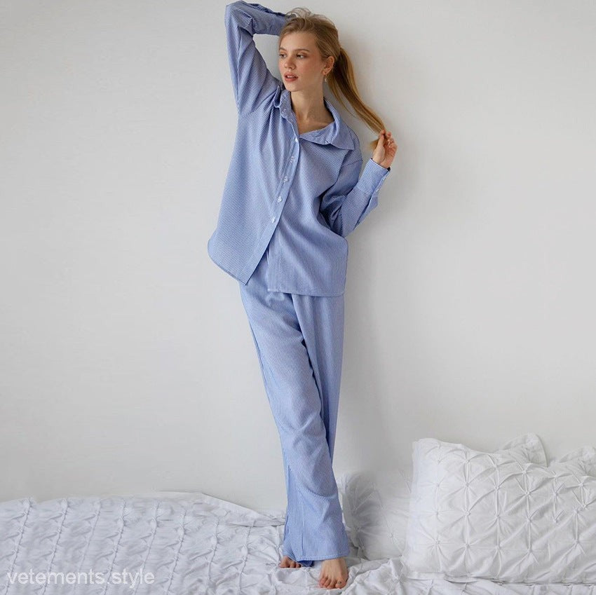 Light blue French comfy pajamas with striped winter design for maximum comfort