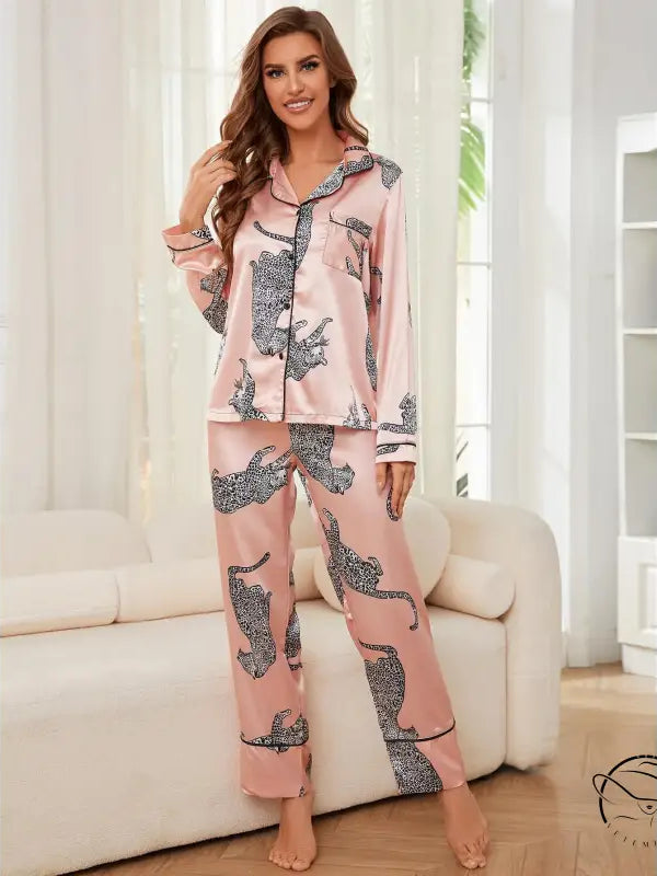 Pink satin winter animal long sleeved pajamas with black leopard print