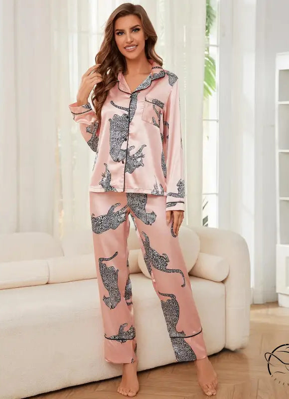 Pink satin winter animal long sleeved pajamas with black leopard print