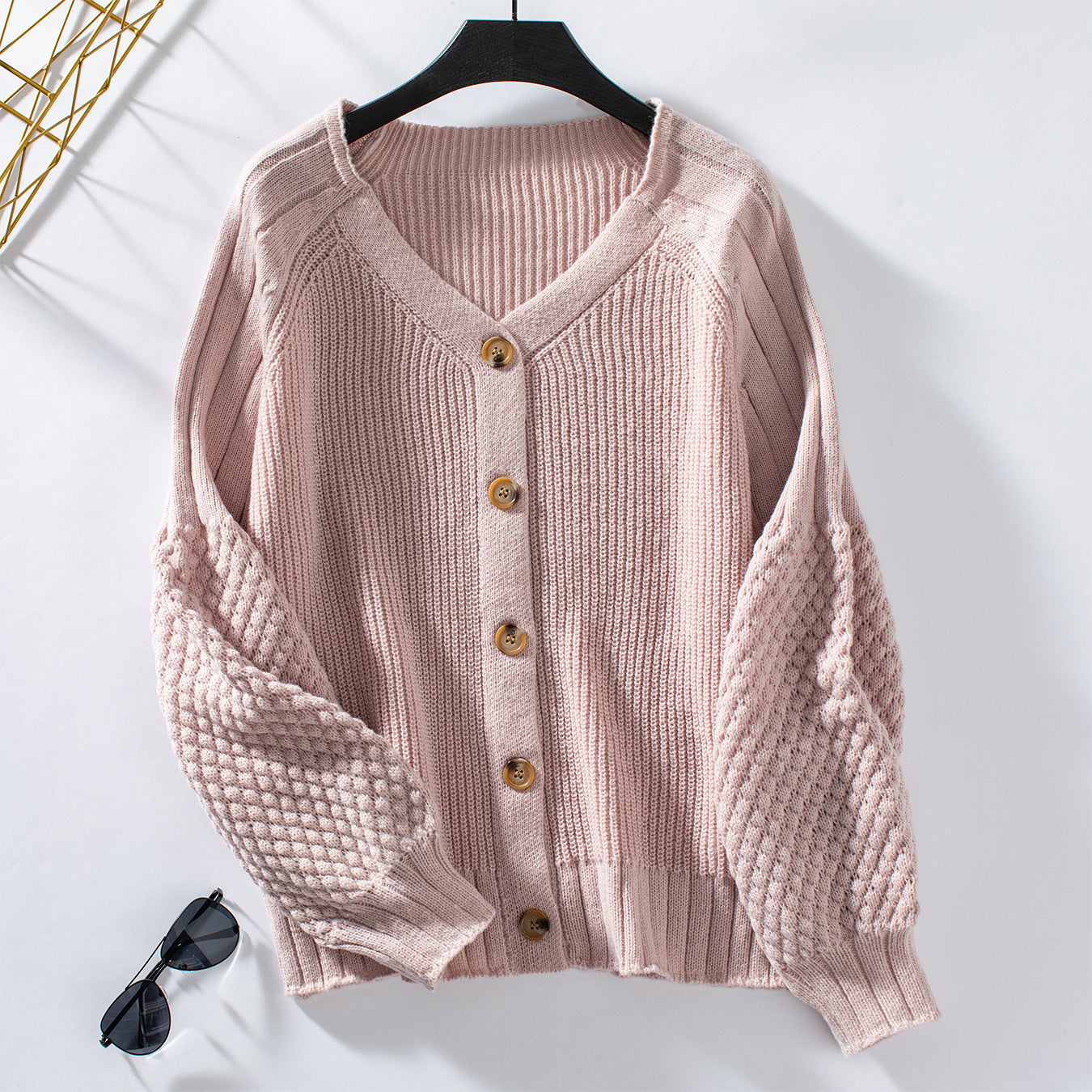 Pink knitted cardigan casual loose lantern sleeve sweater for a relaxed stylish look
