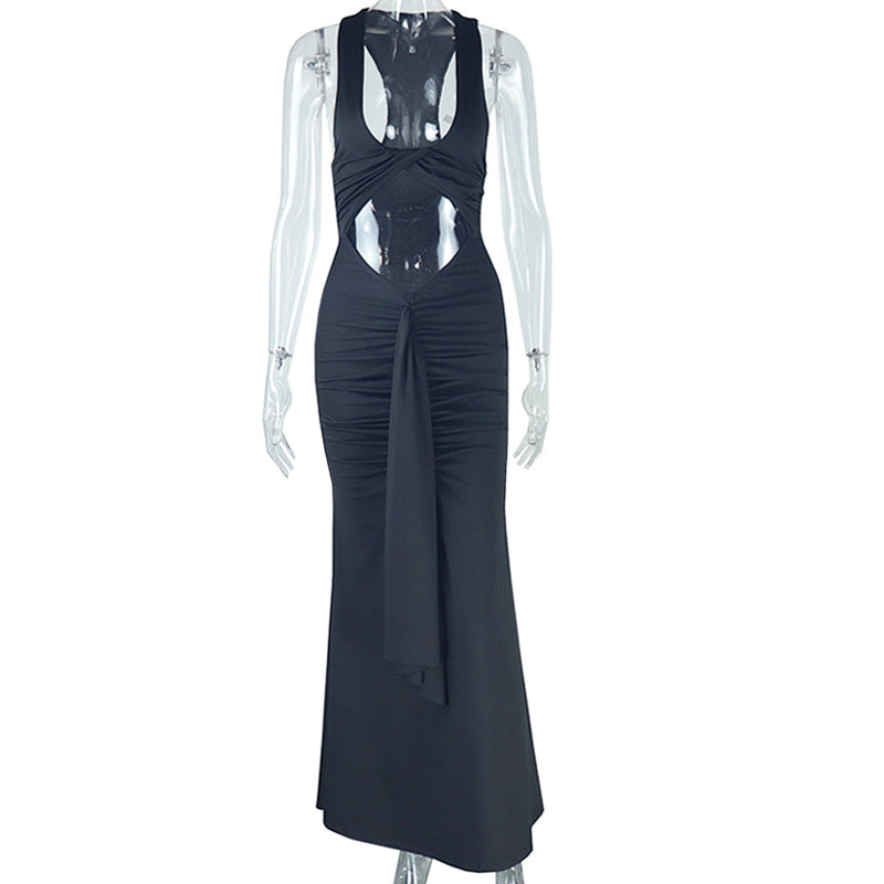Elegant Tight Halter Dress featuring a black sleeveless gown with cutouts and ruched midsection