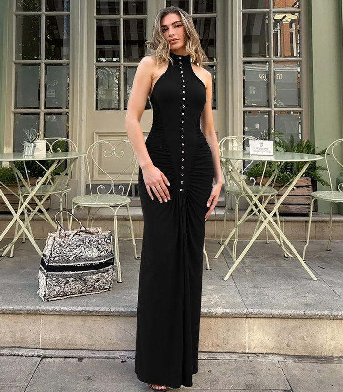 Langry black halter neck maxi dress with button front, high slit, slim fit fashion