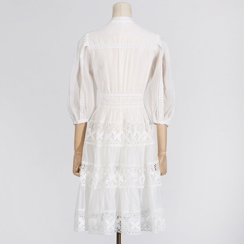 Elegant white lace puff sleeve short dress by Langry