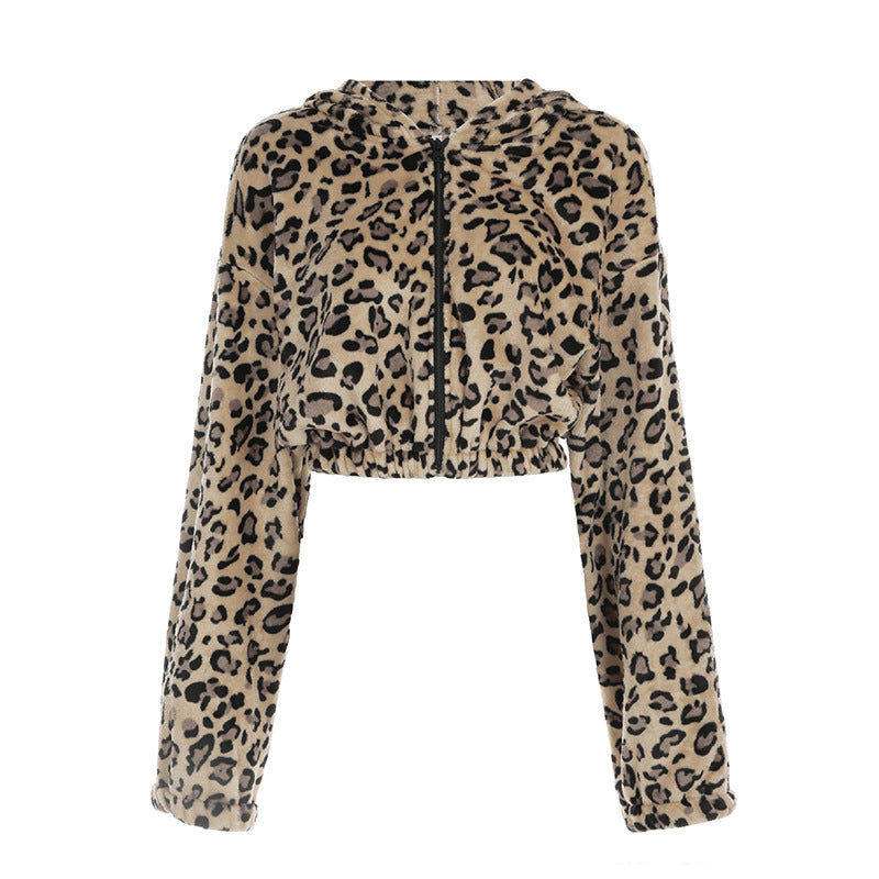 Leopard print cropped hoodie from Leopard Print Thermal Hooded Sweatshirt collection in fashion style