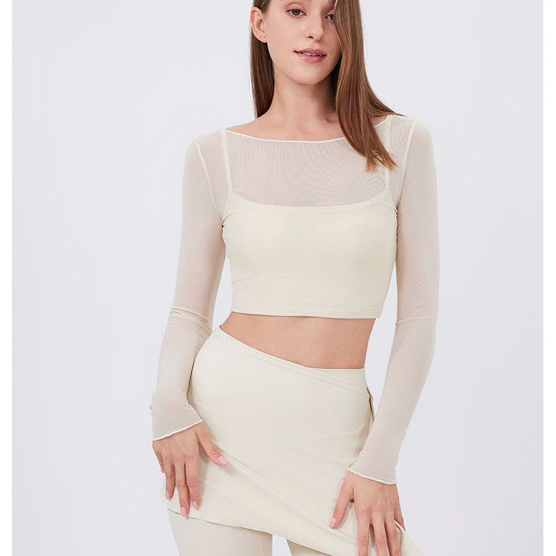 Faux Two Piece Mesh Sports t Shirt Women Long Sleeve with Chest Pad Yoga Clothes Cropped Top Quick Drying Slimming