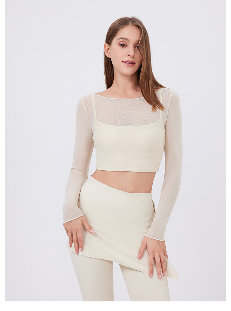 Faux Two Piece Mesh Sports t Shirt Women Long Sleeve with Chest Pad Yoga Clothes Cropped Top Quick Drying Slimming