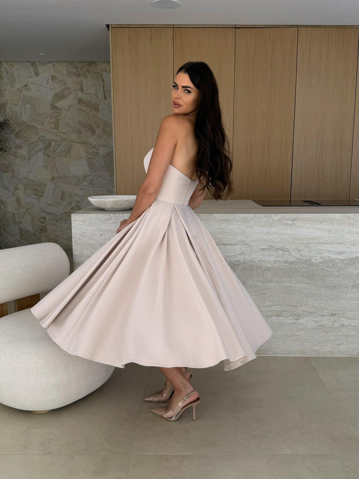 Strapless pale pink full-skirted Gorgeous Midi Dress for stylish fashion lovers
