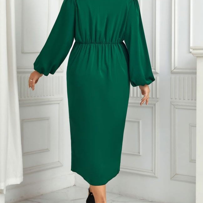 V-Nick Green Dress: Plus-size high-grade green midi with bishop sleeves and black heels