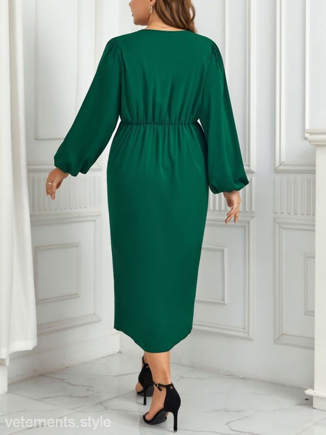 V-Nick Green Dress: Plus-size high-grade green midi with bishop sleeves and black heels