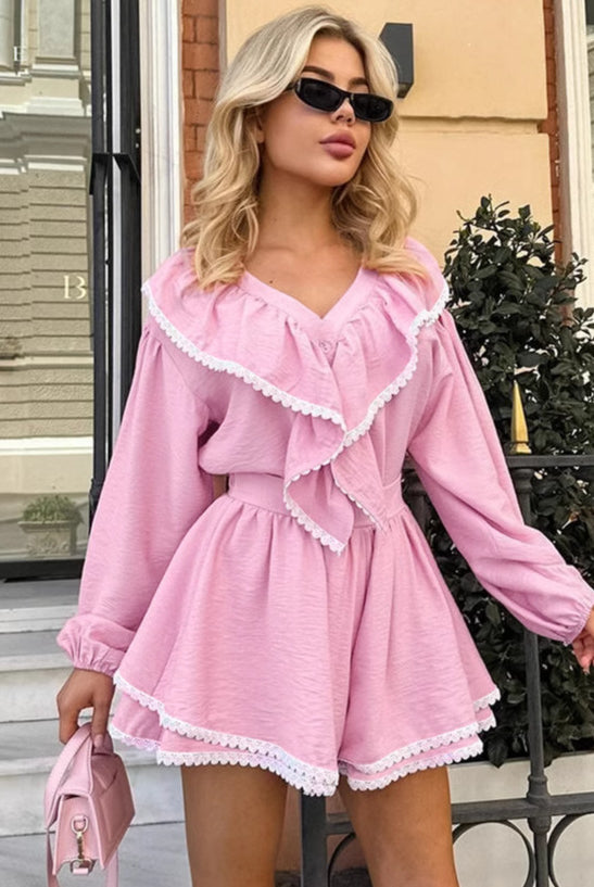 Pink ruffled romper with long sleeves from French Loose Shirt Shorts Two Piece Sets