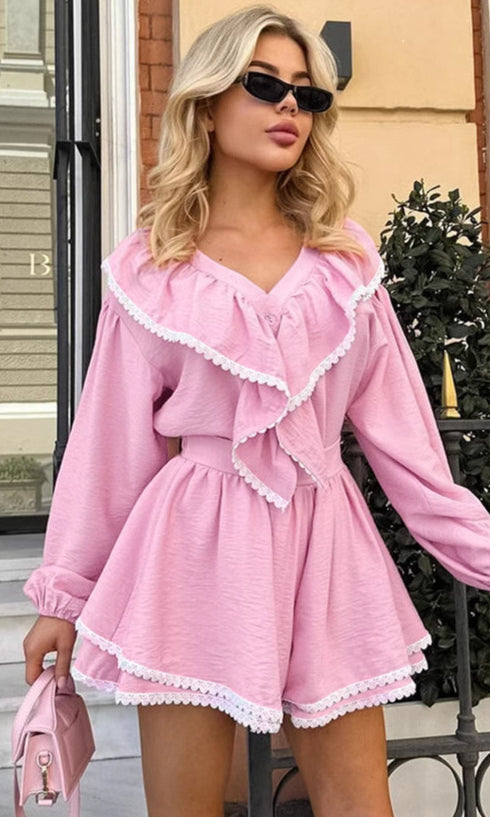 Pink ruffled romper with long sleeves from French Loose Shirt Shorts Two Piece Sets