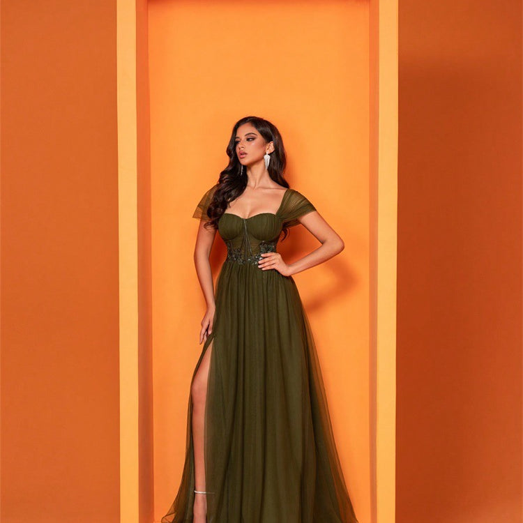 Elegant olive green evening gown, a stylish choice in ملابس for sophisticated fashion events