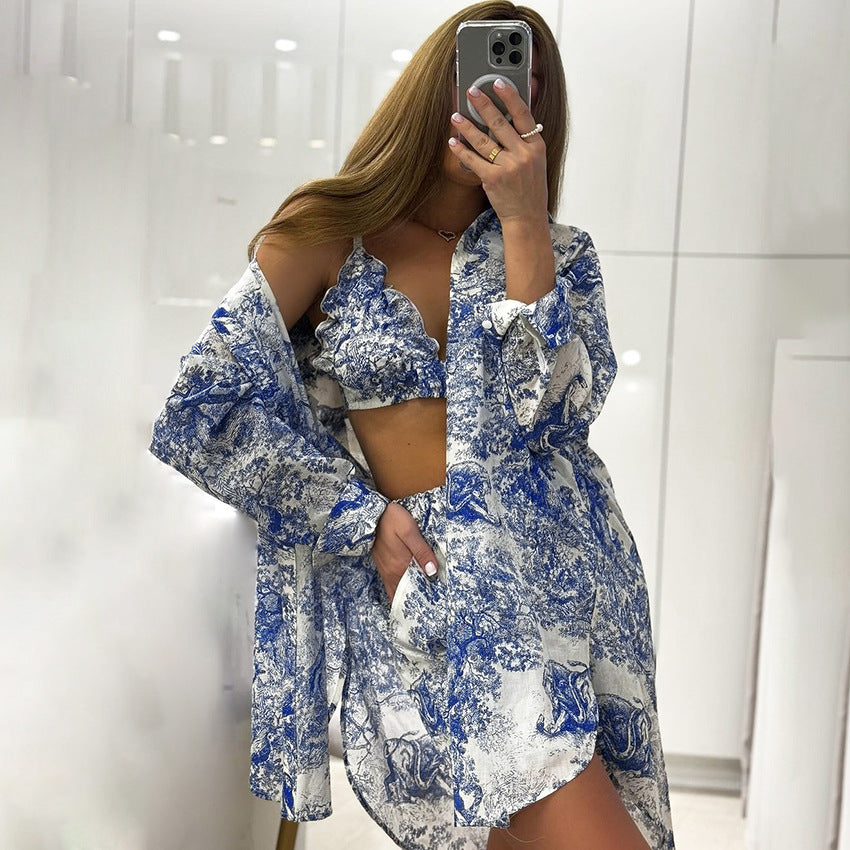 Women’s blue and white toile print three-piece home wear suit for stylish relaxation