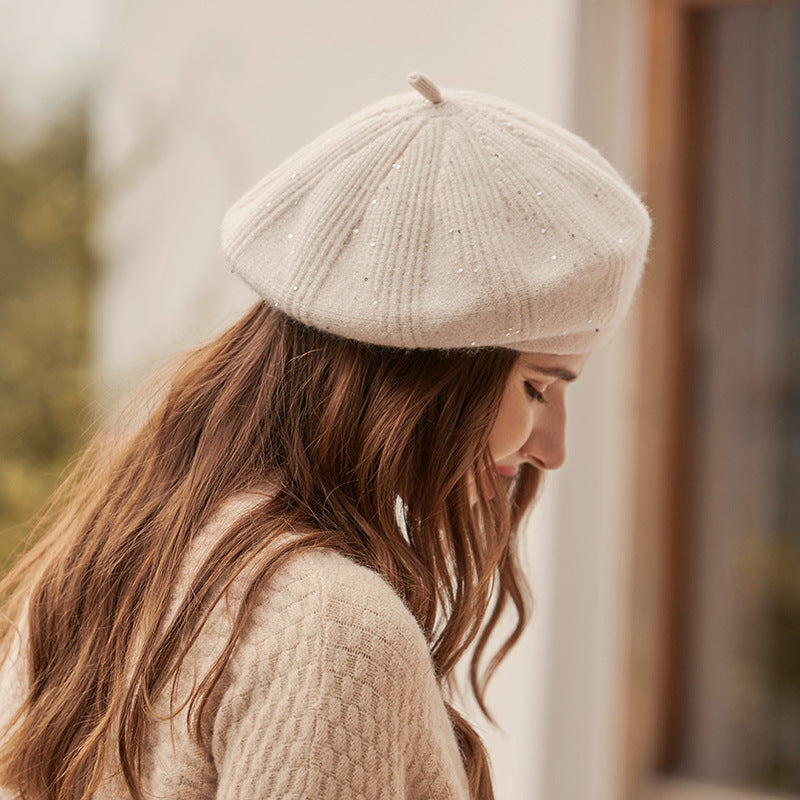 Cream-colored wool beret with subtle sparkle from Winter Knitting Hat, perfect for langry fashion and ملابس