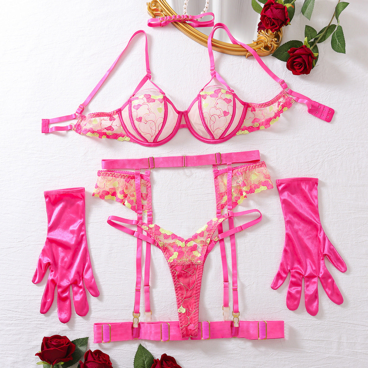 Pink fluorescent embroidery lingerie set in Dolce & Gabbana style