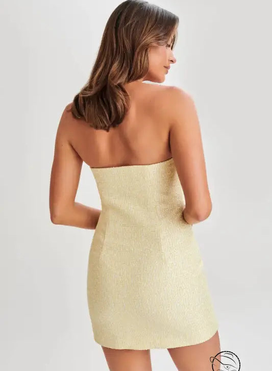 Slim fit yellow strapless mini dress with textured floral pattern