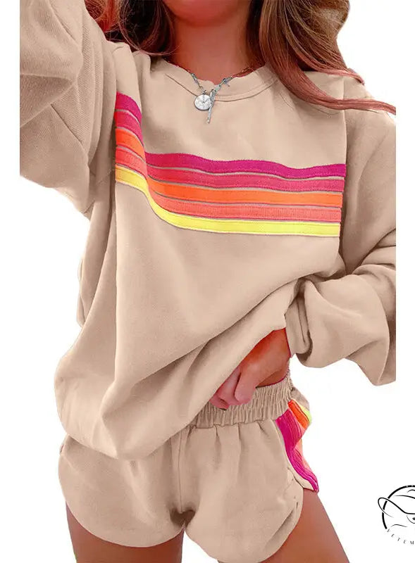 Beige loose slim fit casual two-piece sweatsuit with retro pink, orange, yellow stripes