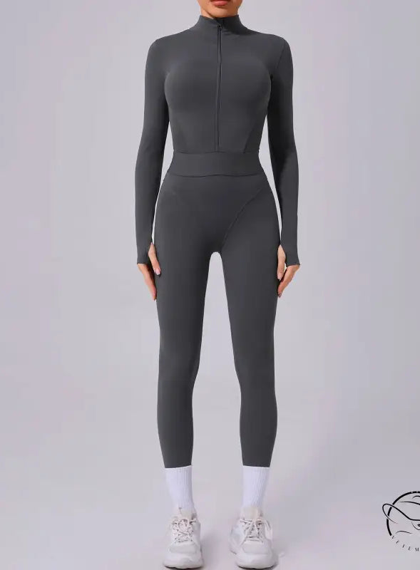 Gray Comfy Mesh Stitching Langry Fitness Jumpsuit