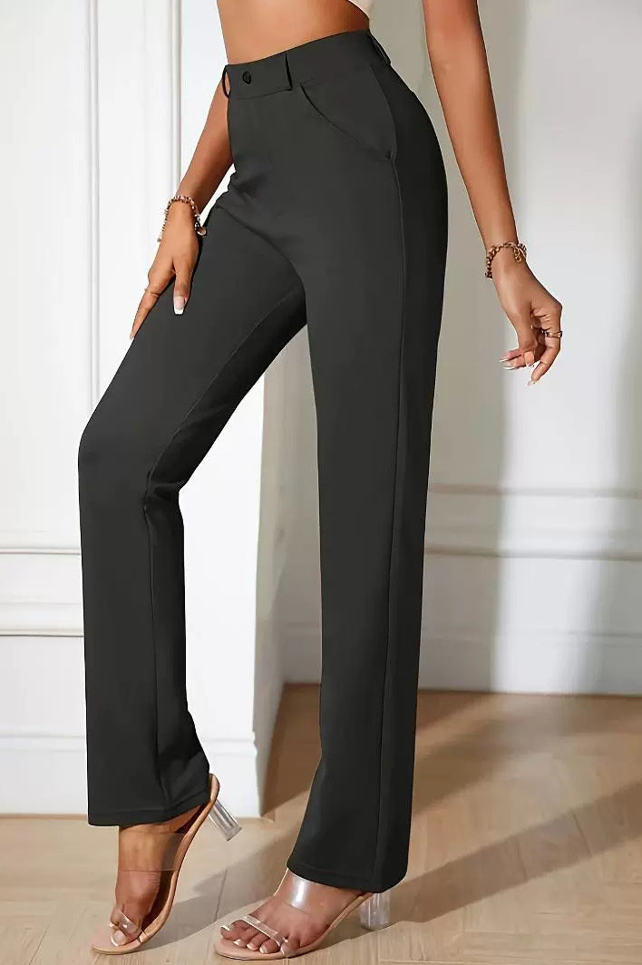 Black straight-leg dress pants for a tailored fit in a casual office fashion style