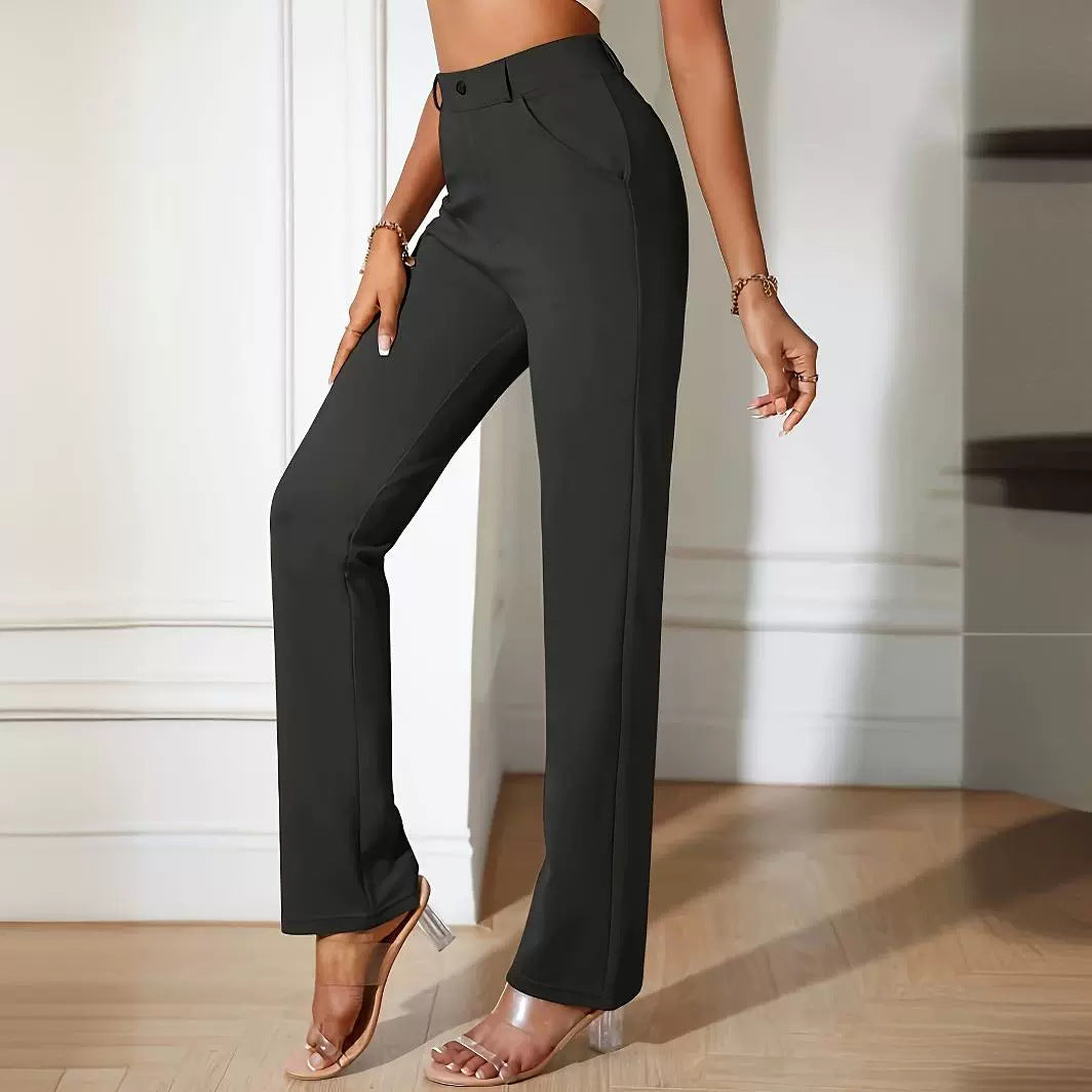 Black straight-leg dress pants for a tailored fit in a casual office fashion style