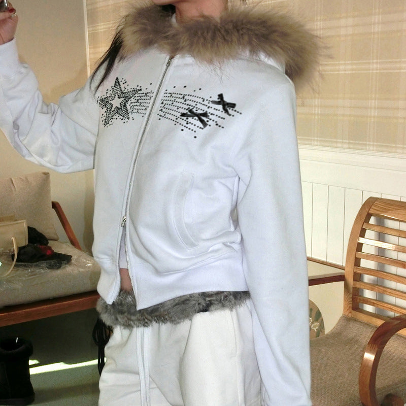 White hooded zip-up jacket with fur trim and star embellishments, perfect for langry fashion and ملابس