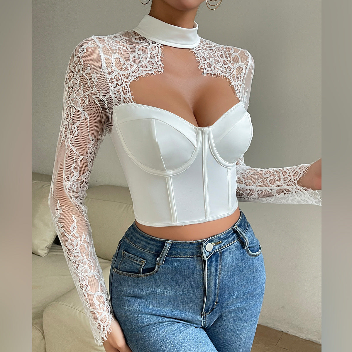 Elegant white lace long sleeve bustier crop top with high collar and keyhole cutout