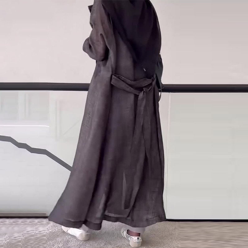 Charcoal gray linen trench coat with hood and belt, Langry fashion