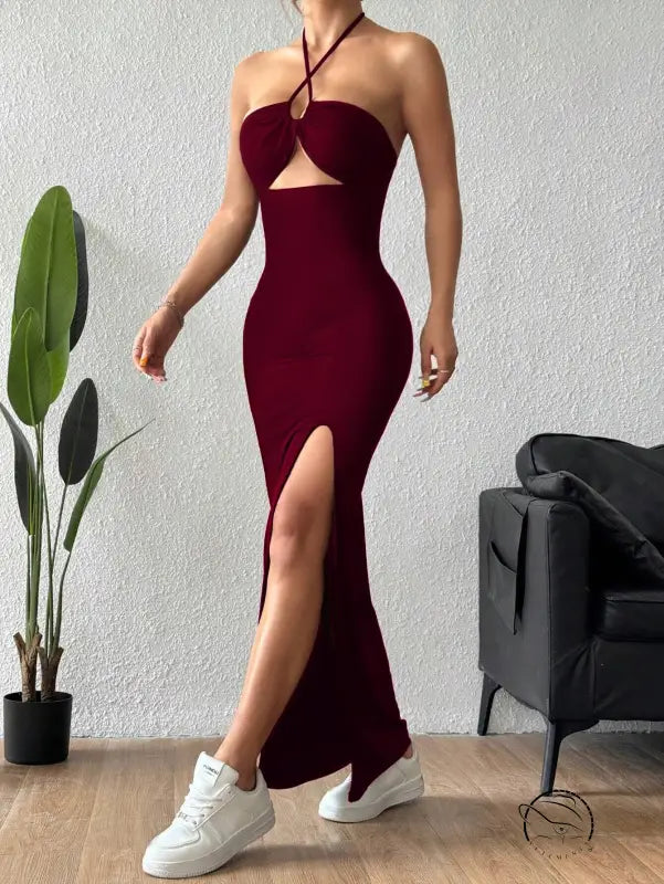 Burgundy halter neck maxi dress with thigh slit by Langry fashion