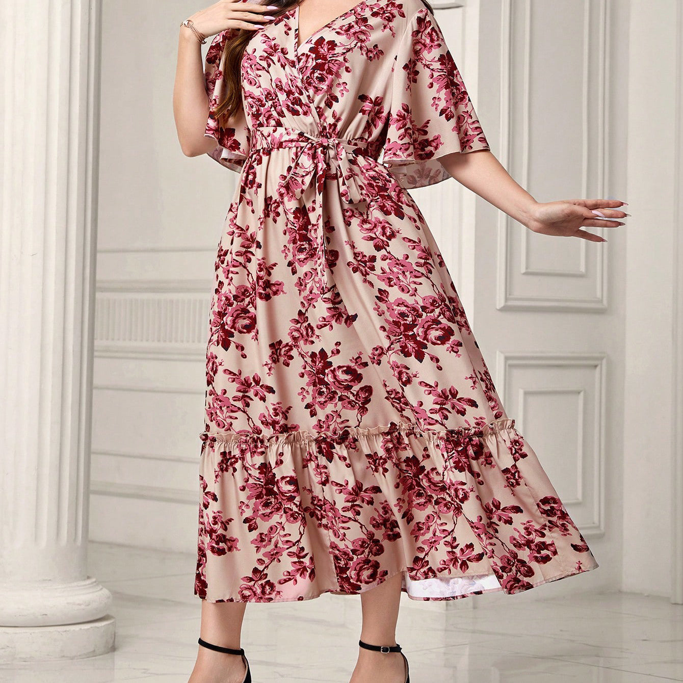 Elegant floral print midi dress from Summer Elegant Dress, perfect for summer fashion and ملابس