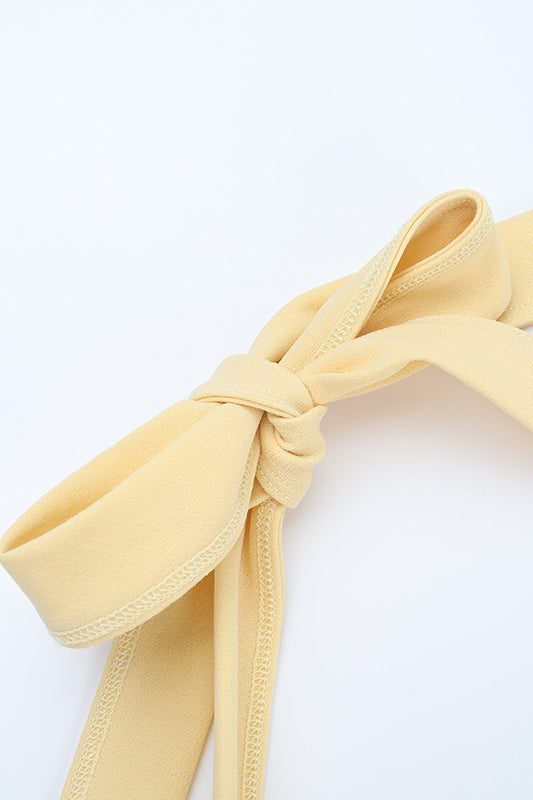 Langry fashion yellow satin ribbon bow tie on halter A-line maxi dress