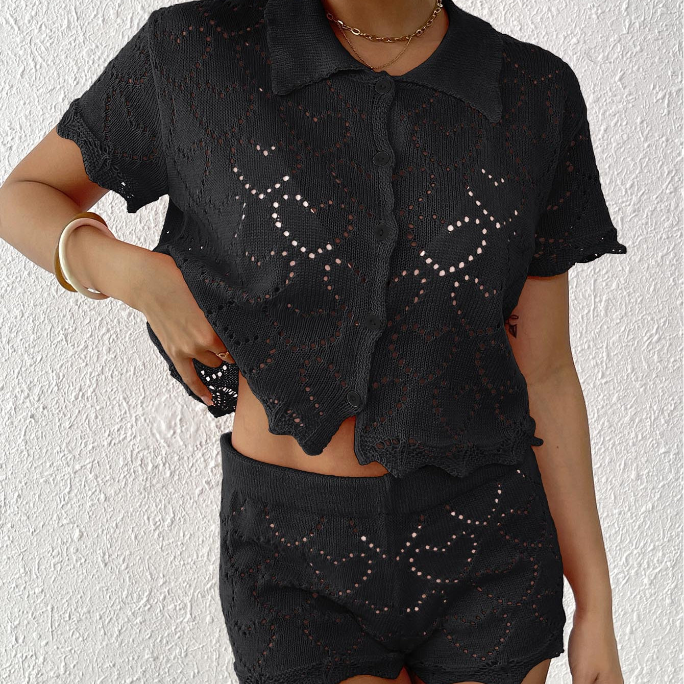 Black crochet knit shorts set from Beautiful Beach Sets, perfect for chic summer fashion