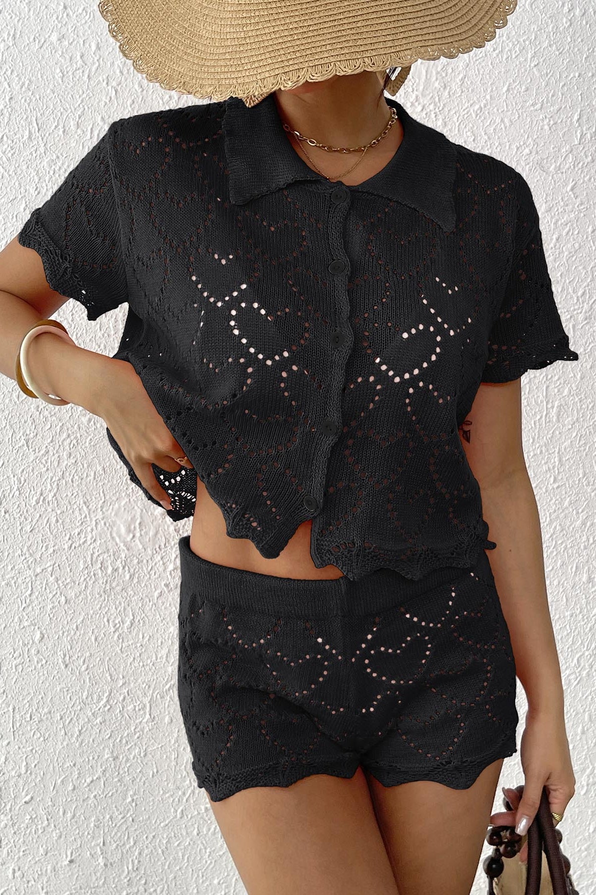 Black crochet knit shorts set from Beautiful Beach Sets, perfect for chic summer fashion