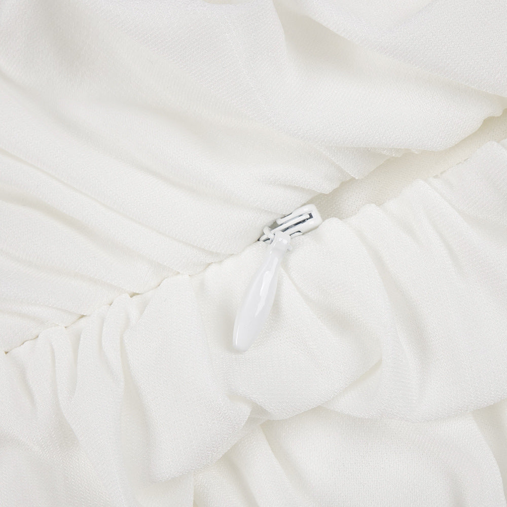 White fabric with zipper detail on Elegant Pleated High Waist Dress for stylish fashion