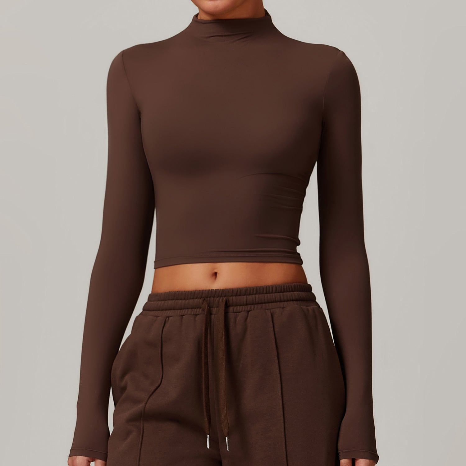 Brown long-sleeved crop top with mock neckline for stylish langry fitness sports wear