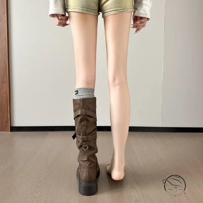Waste Soil Brown Wrinkle High Tube Pile Long Boots