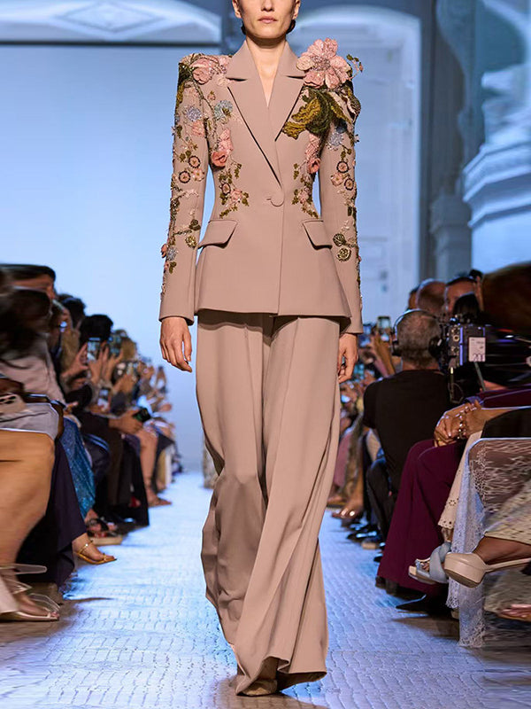 Elegant beige floral embroidered Langry fashion suit with wide-leg pants