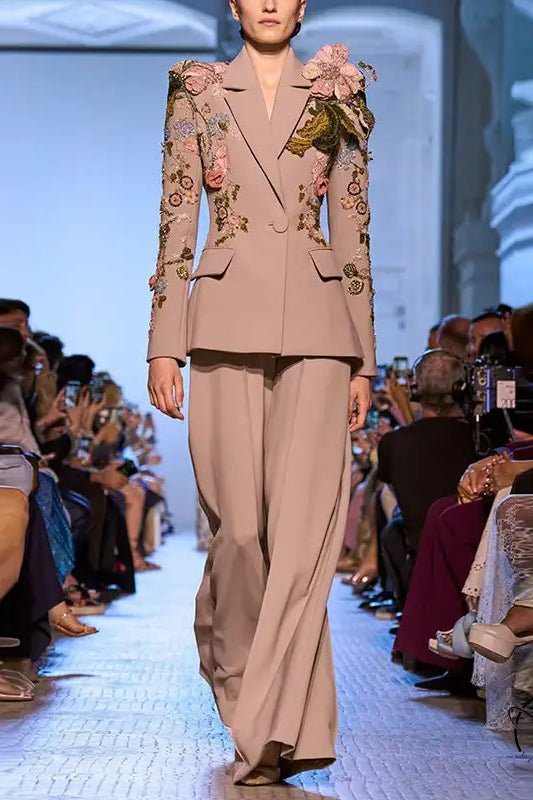 Elegant beige floral jacket with embroidered wide-leg pants set