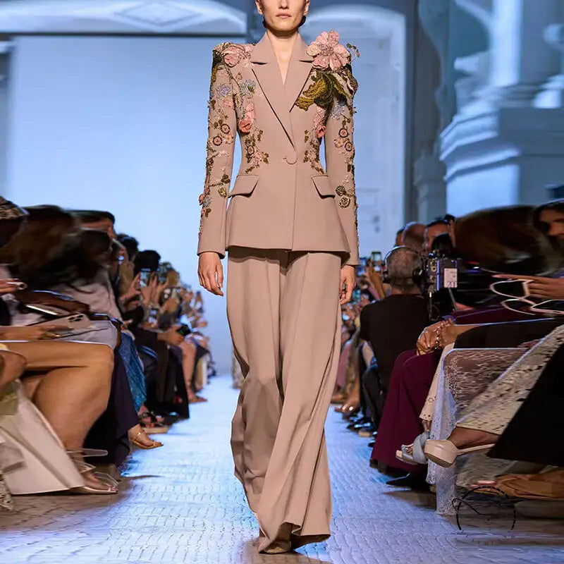 Elegant beige floral jacket with embroidered wide-leg pants set