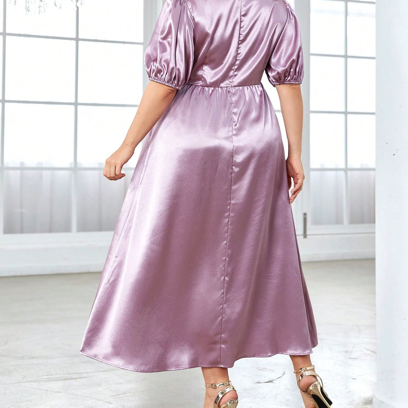 Shiny purple satin dress from Cute Short Sleeve Long Pattern Dress collection, perfect for fashion enthusiasts