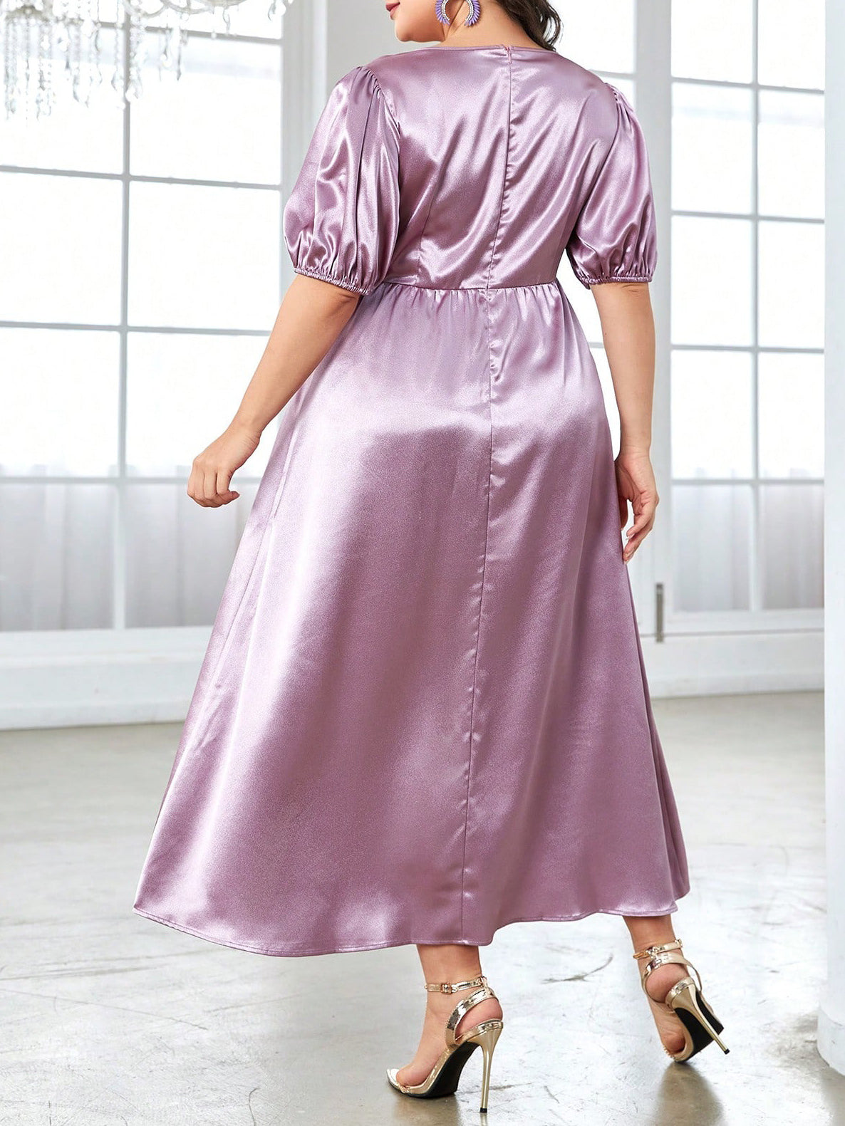 Shiny purple satin dress from Cute Short Sleeve Long Pattern Dress collection, perfect for fashion enthusiasts
