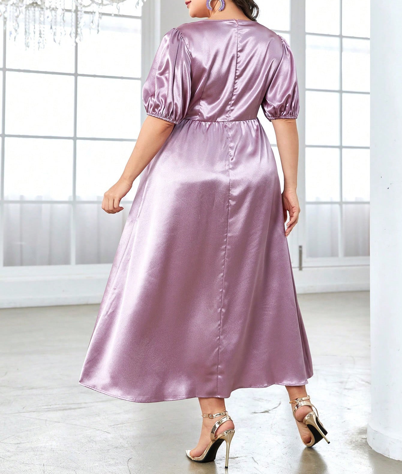 Shiny purple satin dress from Cute Short Sleeve Long Pattern Dress collection, perfect for fashion enthusiasts
